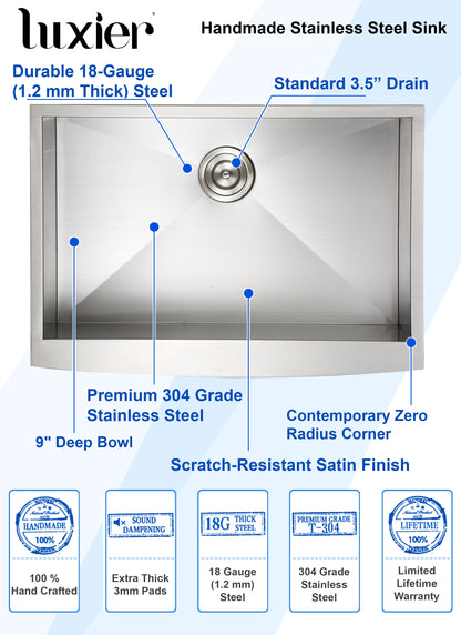 AFS30-18Z Handmade Farmhouse Apron-Front Stainless Steel 30 in. Single Bowl Kitchen Sink