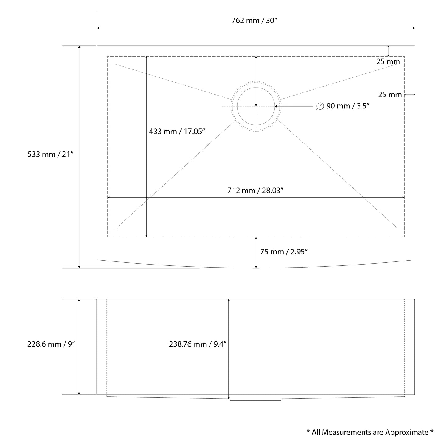 AFS30-18Z Handmade Farmhouse Apron-Front Stainless Steel 30 in. Single Bowl Kitchen Sink