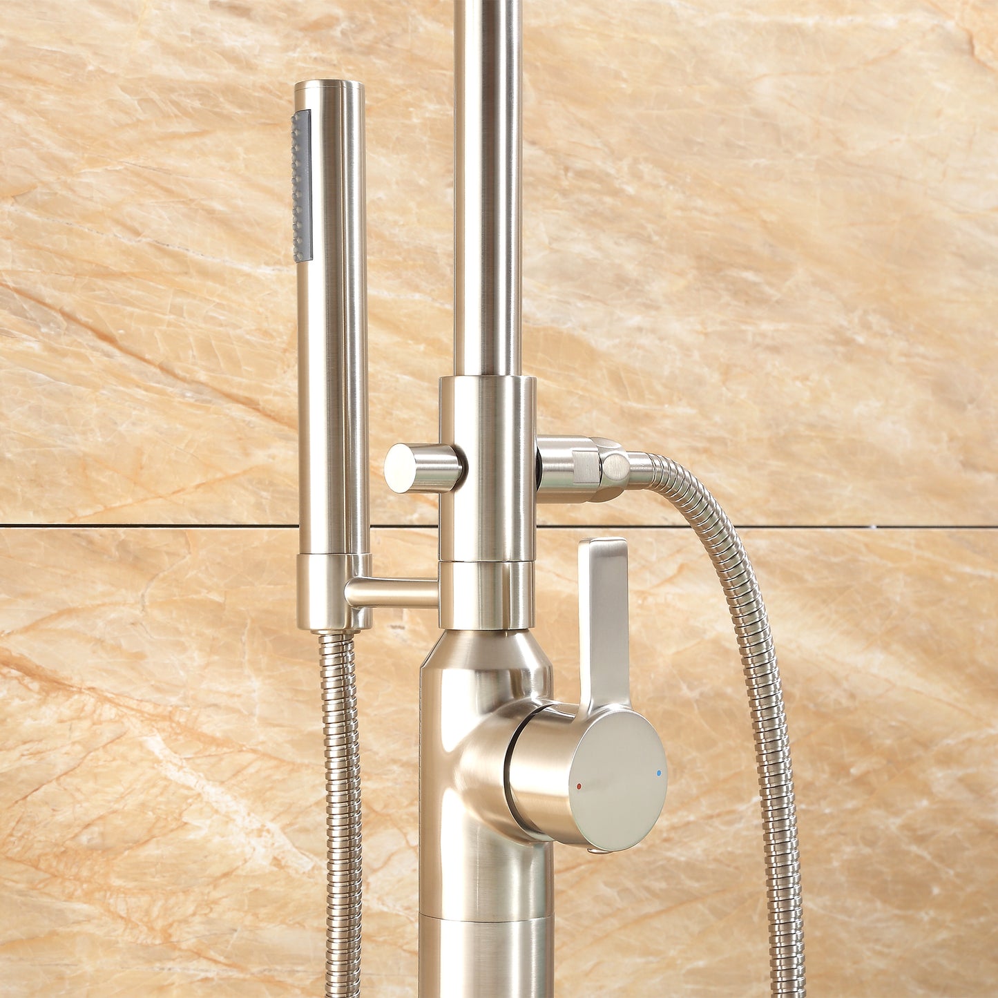 Modern Freestanding Single-Handle Floor-Mount Roman Tub Faucet Filler with Hand Shower in Brushed Nickel