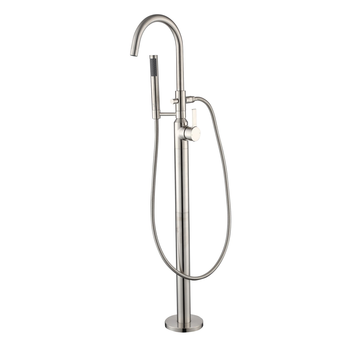 Modern Freestanding Single-Handle Floor-Mount Roman Tub Faucet Filler with Hand Shower in Brushed Nickel