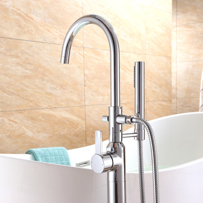 Modern Freestanding Single-Handle Floor-Mount Roman Tub Faucet Filler with Hand Shower in Chrome