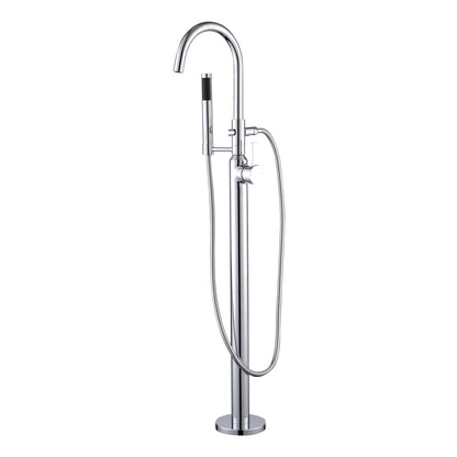 Modern Freestanding Single-Handle Floor-Mount Roman Tub Faucet Filler with Hand Shower in Chrome