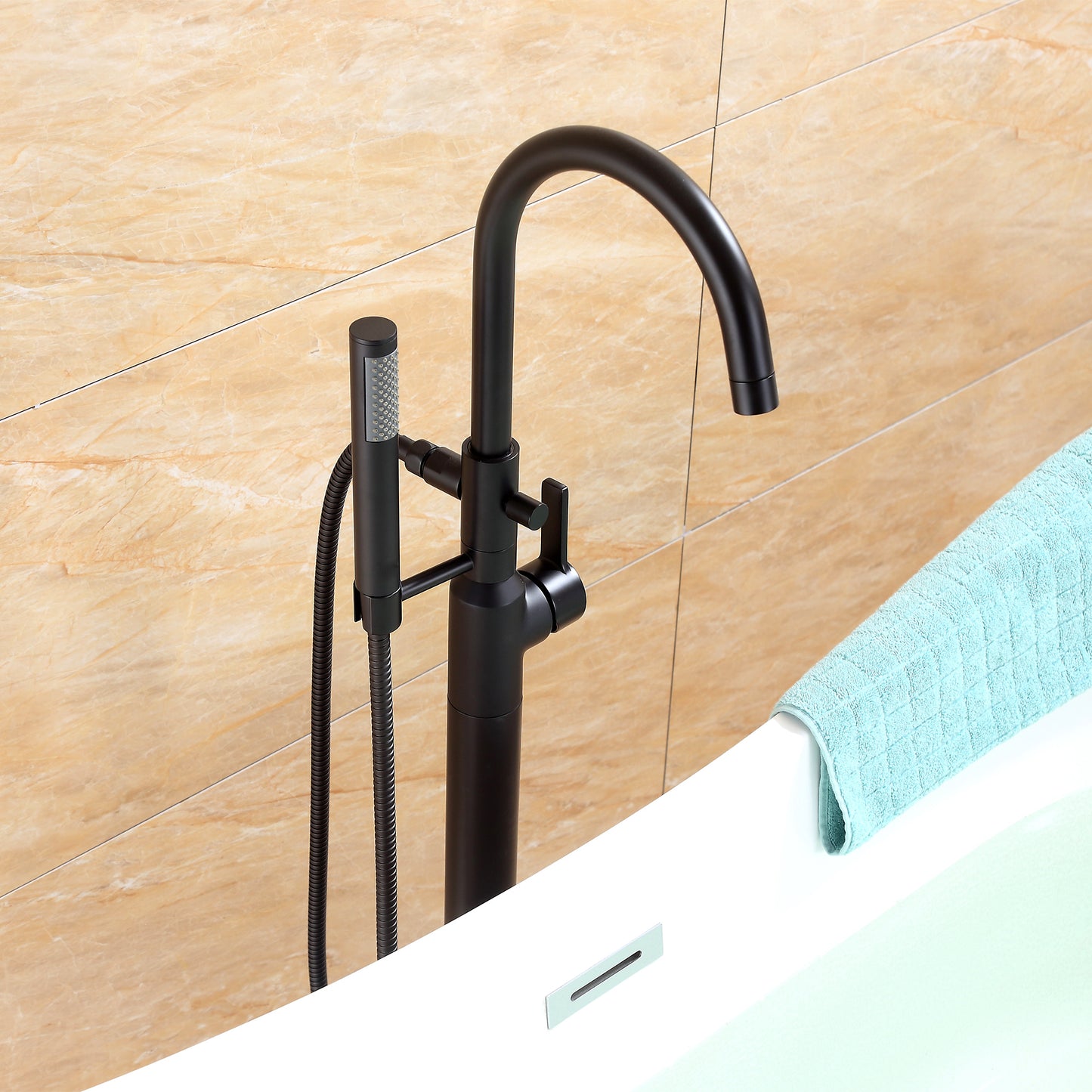 FTF01-TM Modern Freestanding Single-Handle Floor-Mount Roman Tub Faucet Filler with Hand Shower in Matte Black