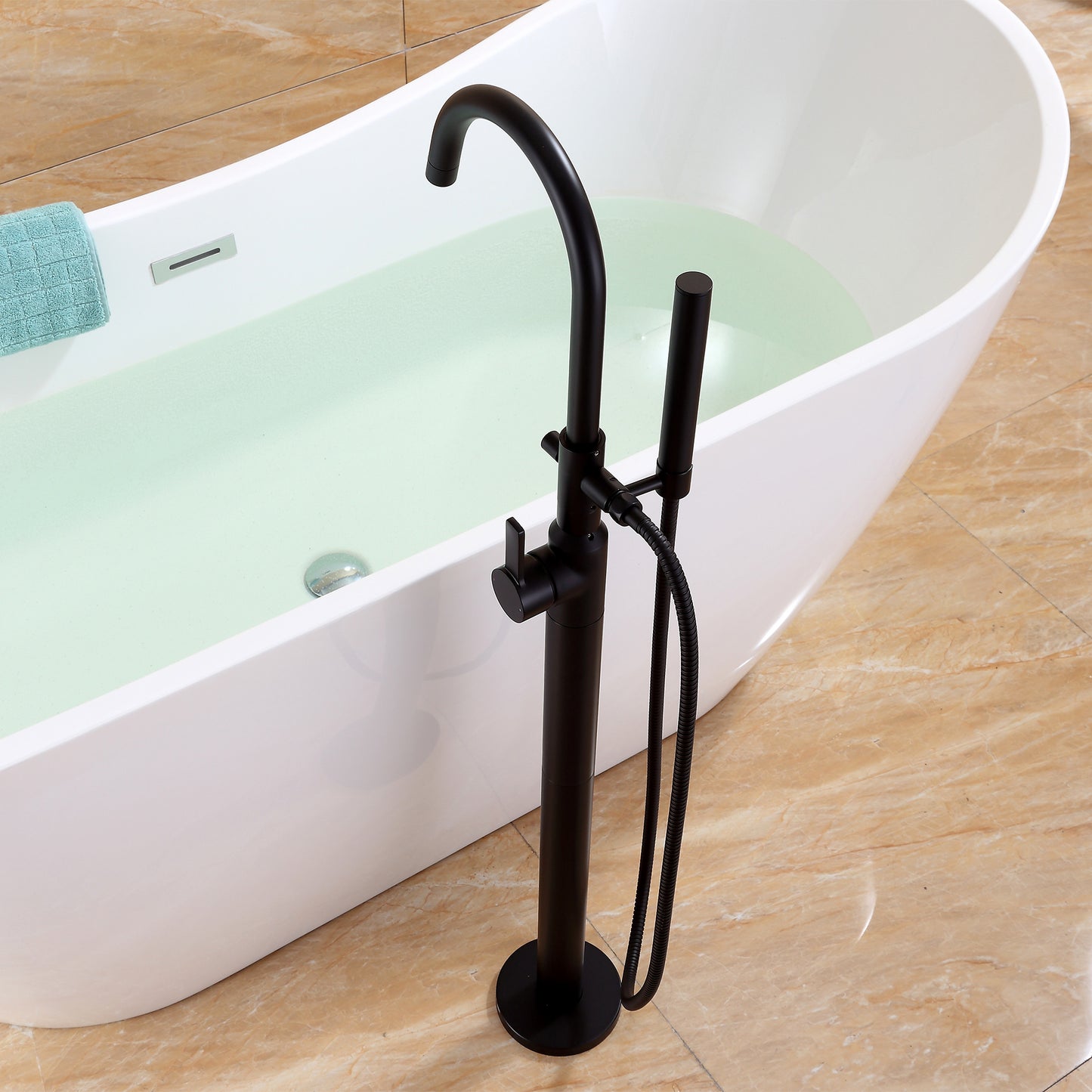 FTF01-TM Modern Freestanding Single-Handle Floor-Mount Roman Tub Faucet Filler with Hand Shower in Matte Black