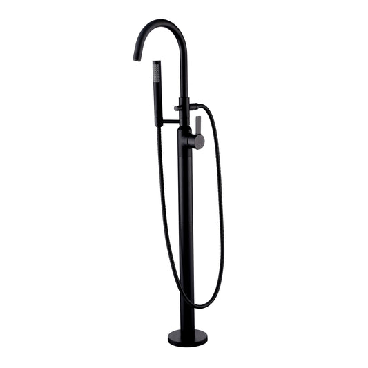 Modern Freestanding Single-Handle Floor-Mount Roman Tub Faucet Filler with Hand Shower in Matte Black