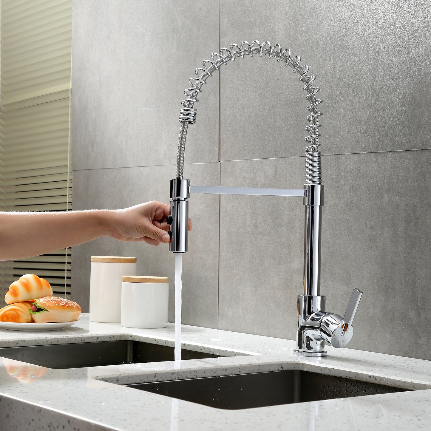 KTS22-TC Single-Handle Pull-Down Sprayer Kitchen Faucet with 2-Function Sprayhead in Chrome