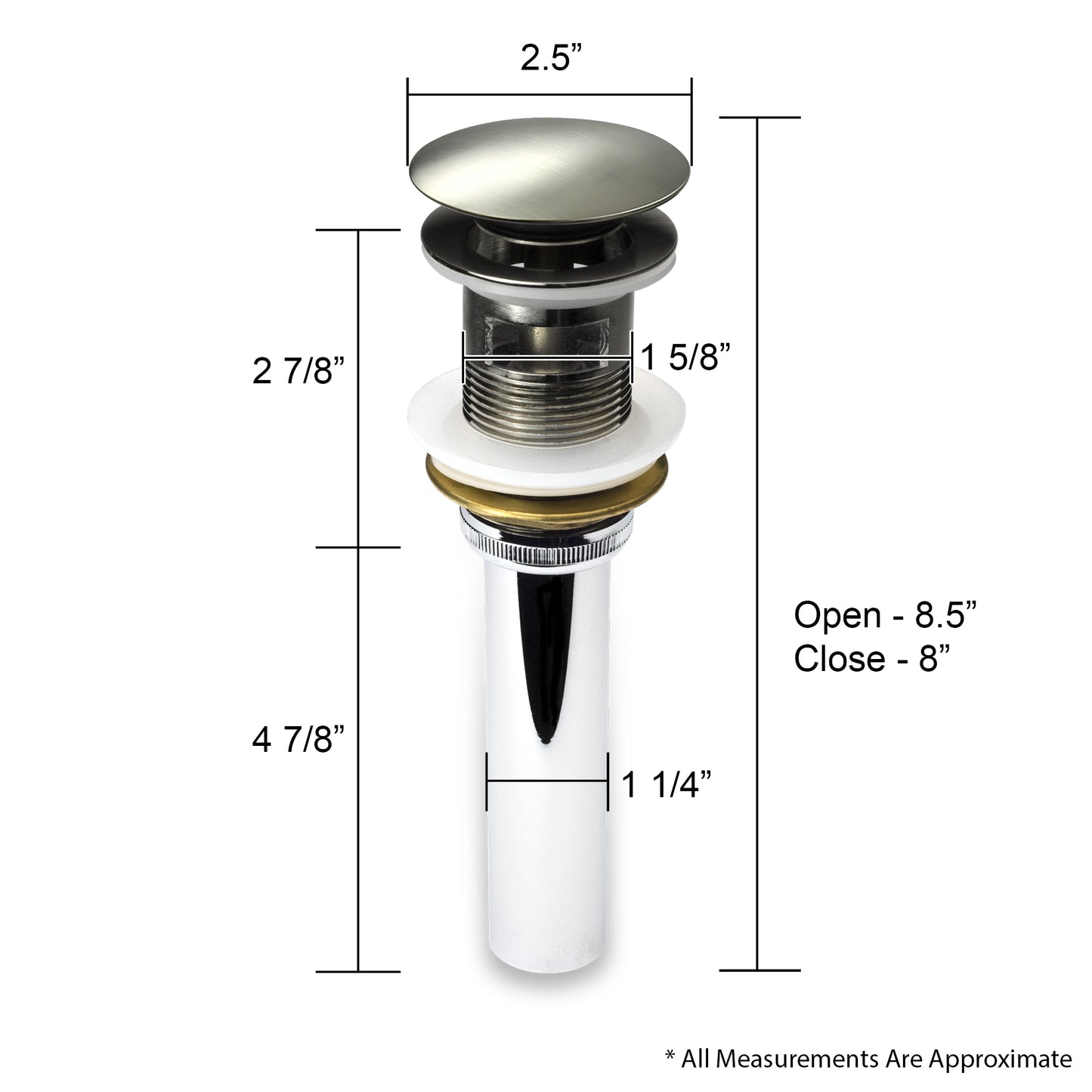 DS02-TB 1-5/8 in. Brass Bathroom and Vessel Sink Push Pop-Up Drain Stopper With Overflow in Brushed Nickel