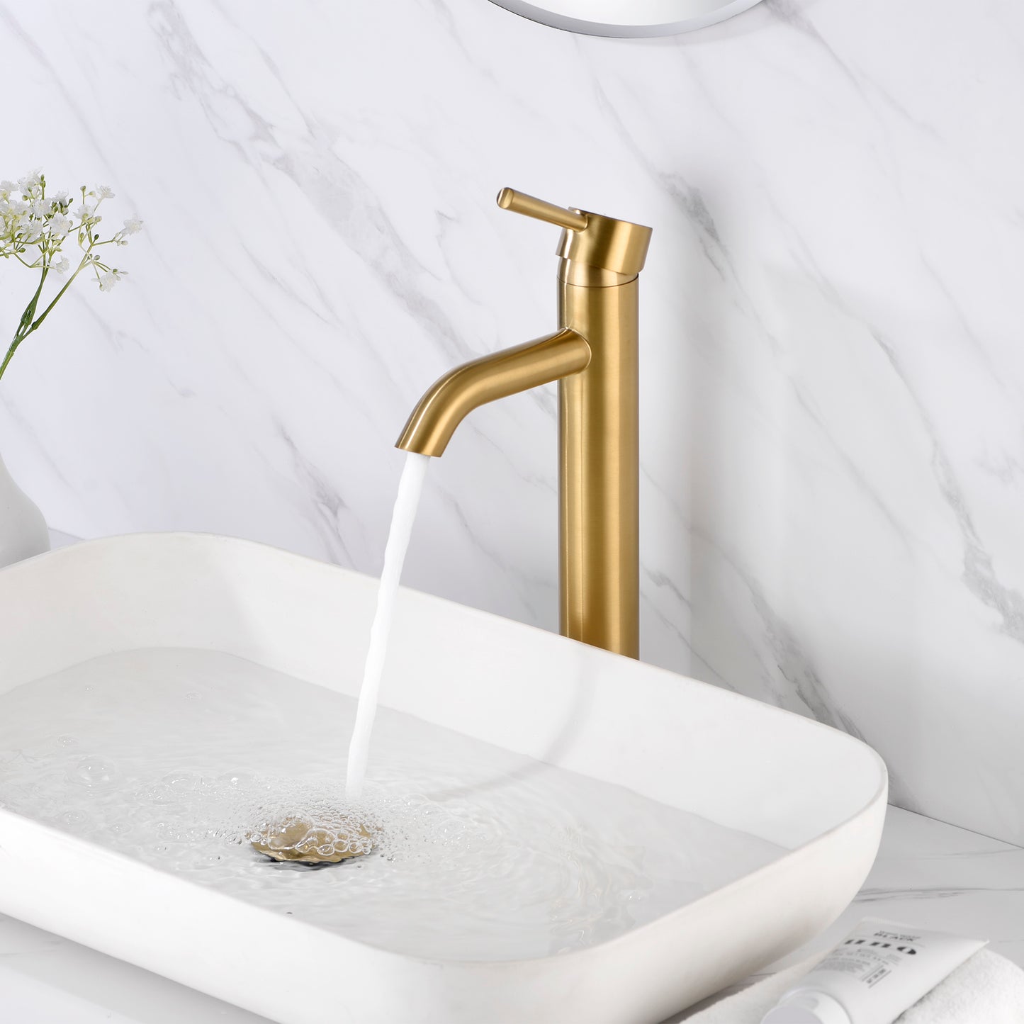 Raphral BSH03-TG Single Hole Single-Handle Vessel Bathroom Faucet with Drain in Brushed Gold