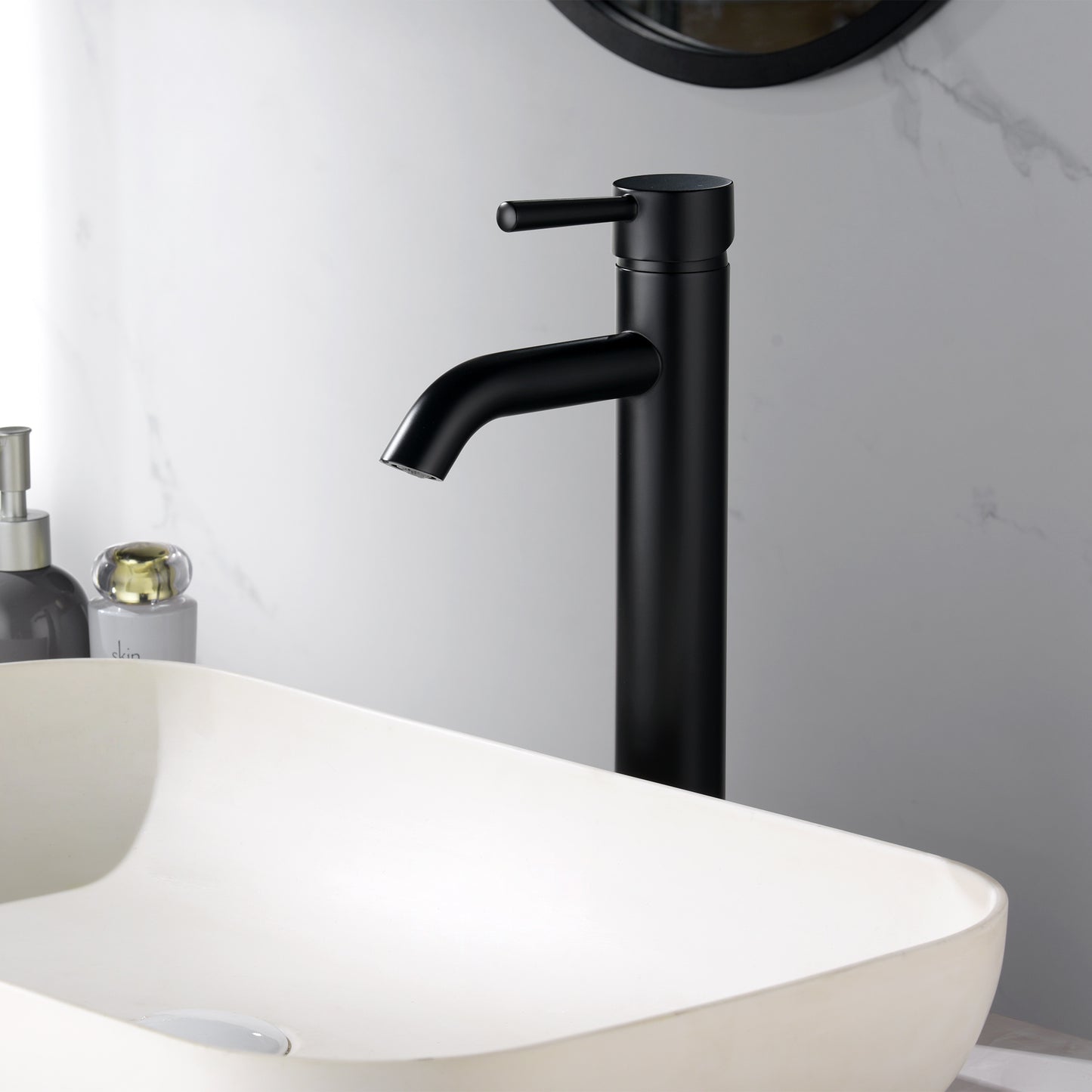 Single Hole Single-Handle Vessel Bathroom Faucet with Drain in Matte Black