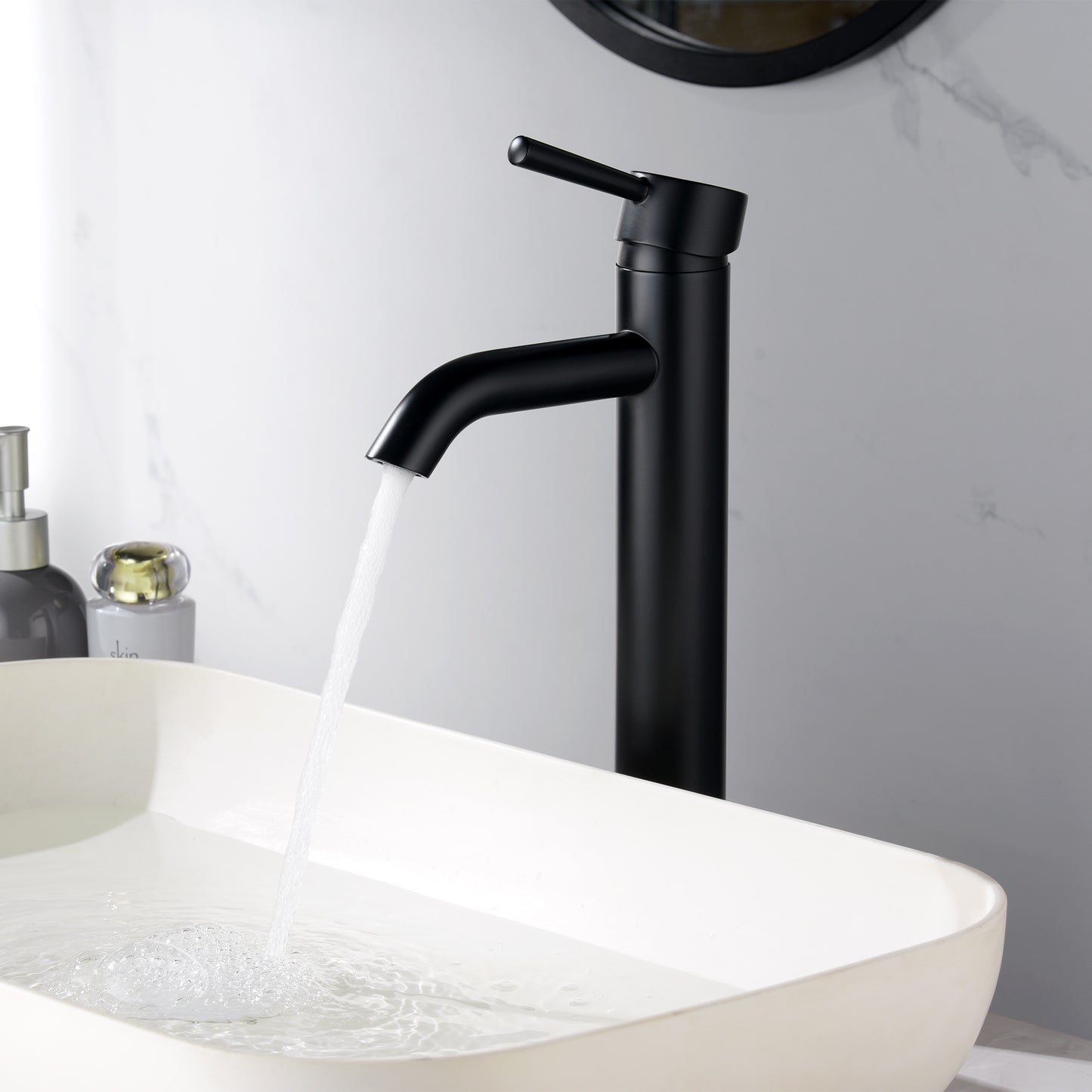 Single Hole Single-Handle Vessel Bathroom Faucet with Drain in Matte Black