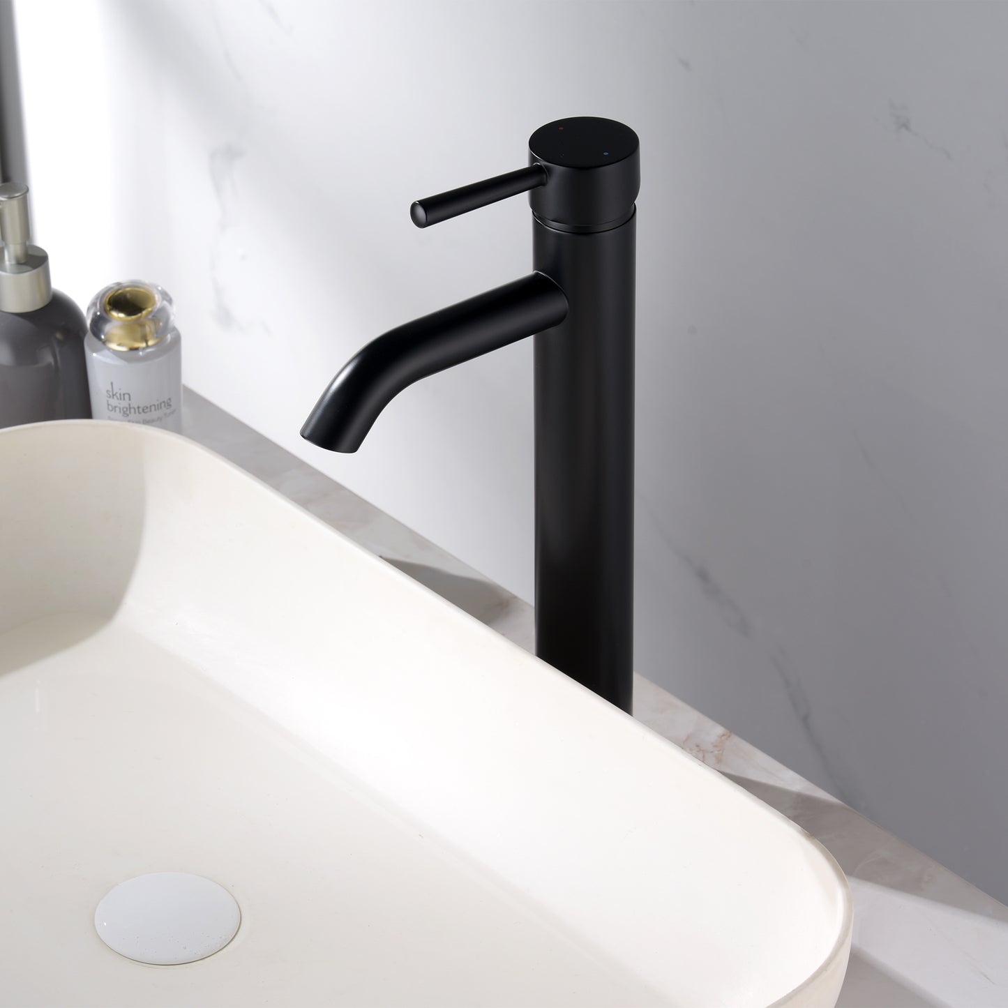 Single Hole Single-Handle Vessel Bathroom Faucet with Drain in Matte Black