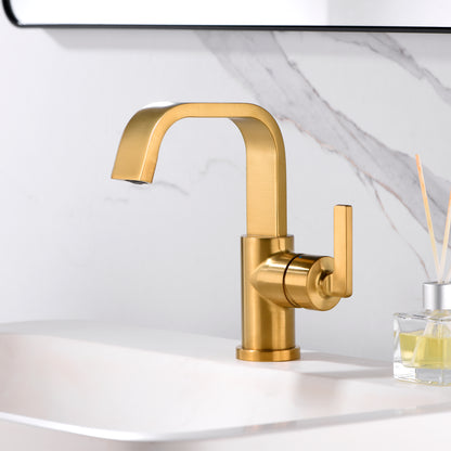 Single Hole Single-Handle Bathroom Faucet with drain in Brushed Gold