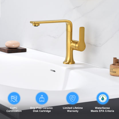 Varen Single Hole Single-Handle Bathroom Faucet with drain in Brushed Gold