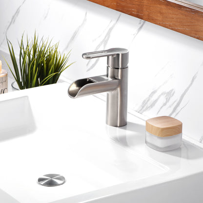 Waterfall Single Hole Single Handle Bathroom Vessel Sink Faucet with Drain in Brushed Nickel