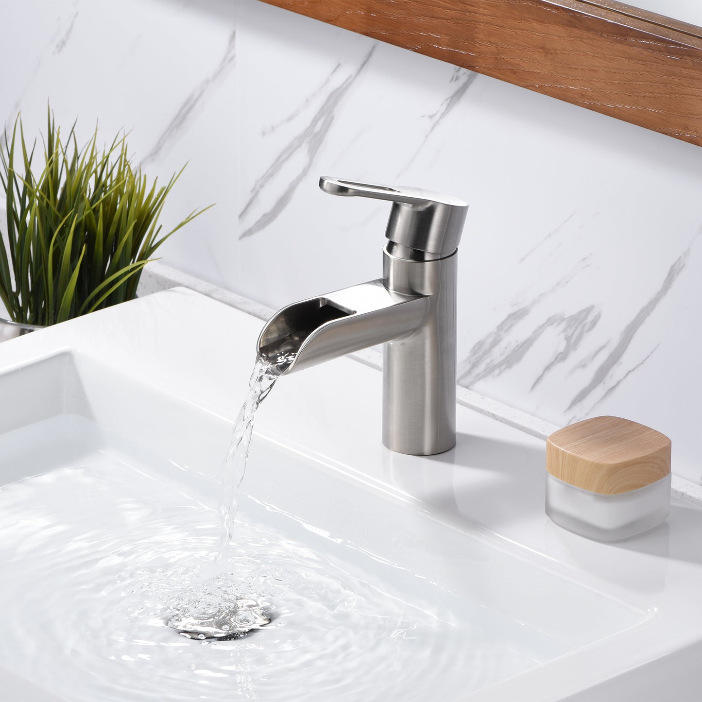 Waterfall Single Hole Single Handle Bathroom Vessel Sink Faucet with Drain in Brushed Nickel