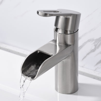 Waterfall Single Hole Single Handle Bathroom Vessel Sink Faucet with Drain in Brushed Nickel