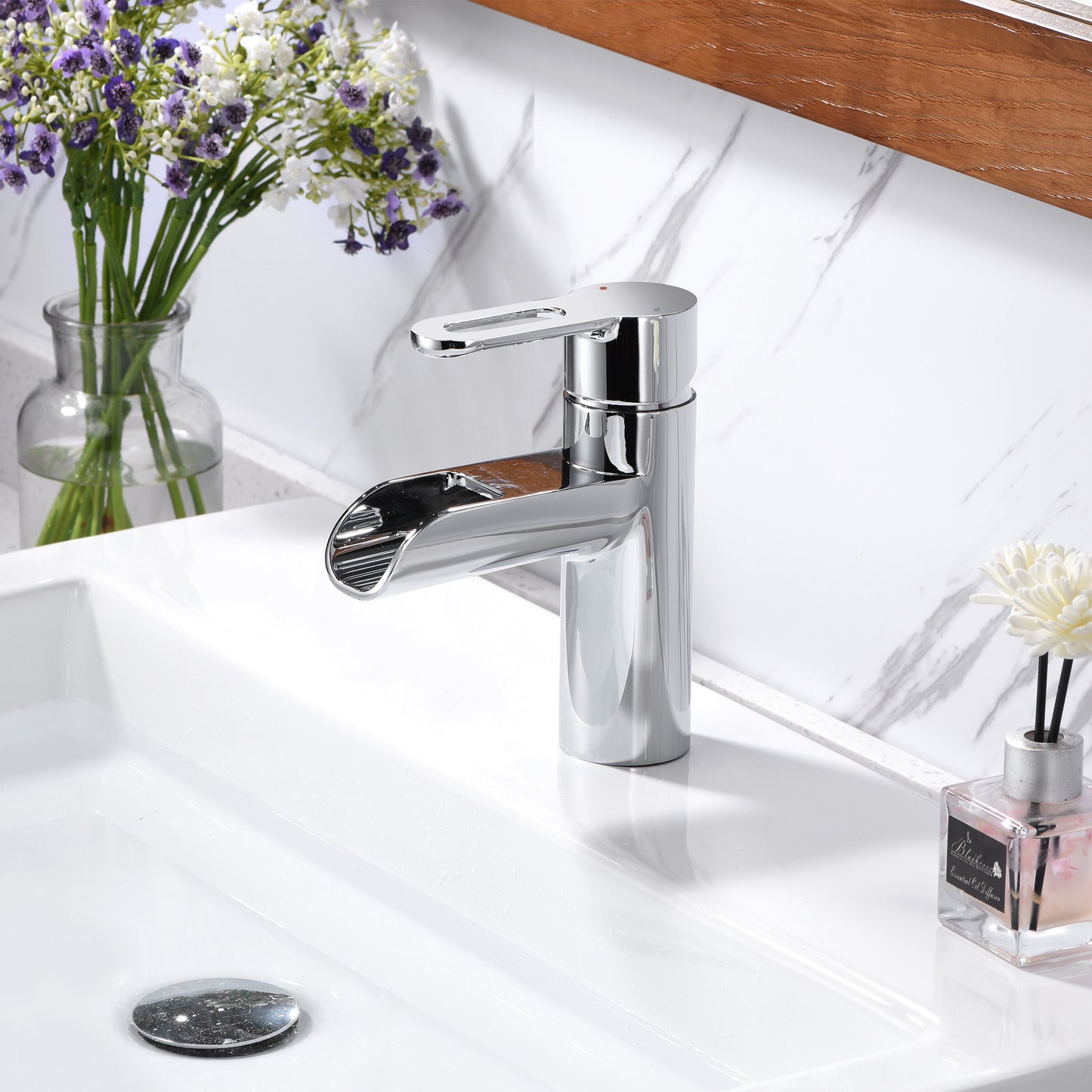 Waterfall Single Hole Single Handle Bathroom Vessel Sink Faucet with Drain in Chrome