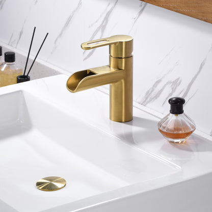 Waterfall Single Hole Single Handle Bathroom Vessel Sink Faucet with Drain in Brushed Gold