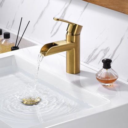 Waterfall Single Hole Single Handle Bathroom Vessel Sink Faucet with Drain in Brushed Gold