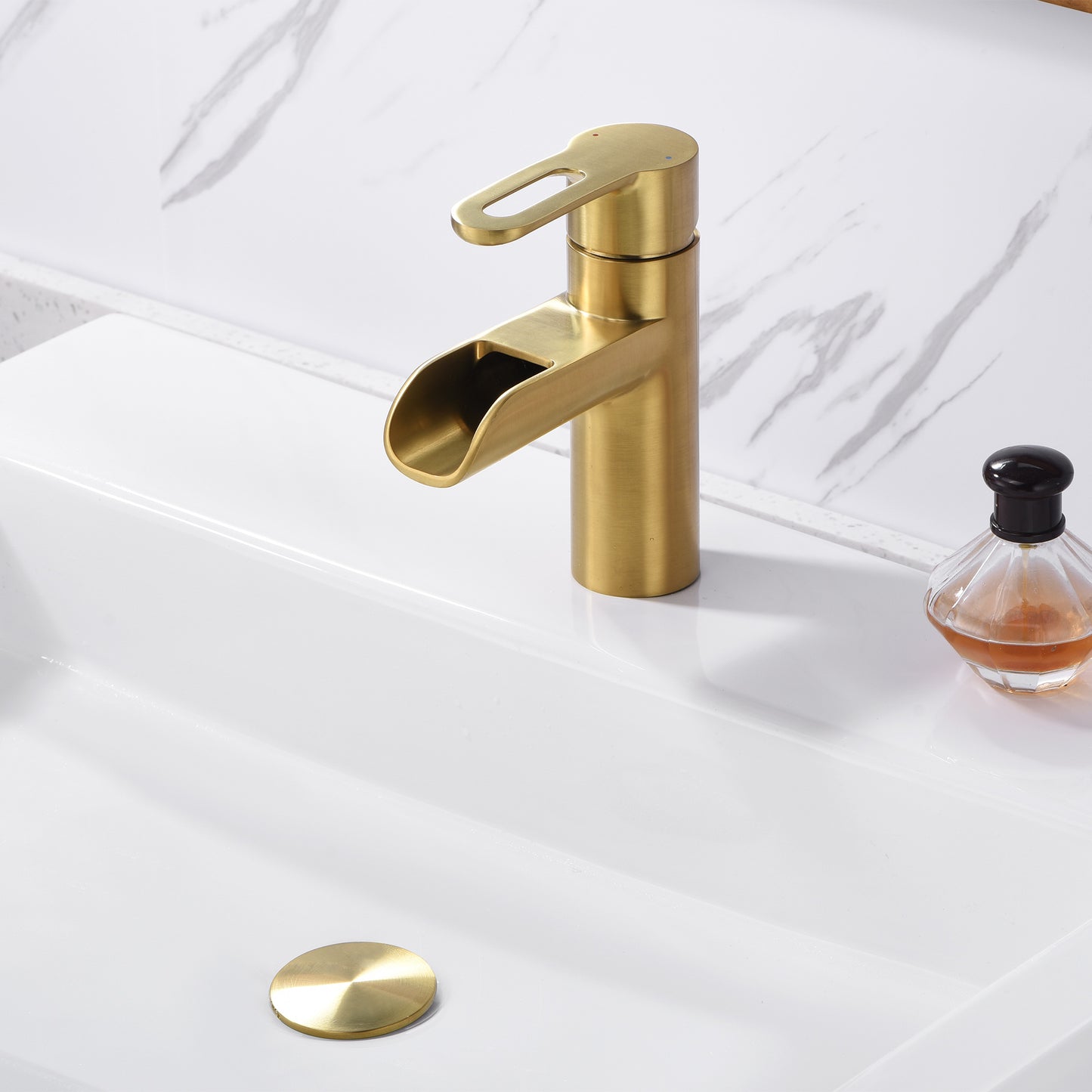 Waterfall Single Hole Single Handle Bathroom Vessel Sink Faucet with Drain in Brushed Gold