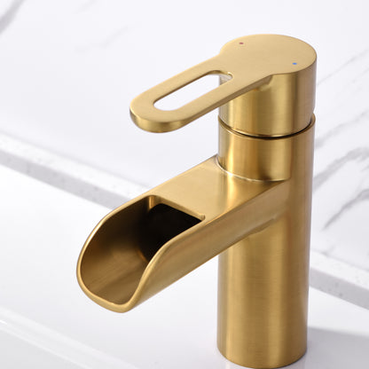 Waterfall Single Hole Single Handle Bathroom Vessel Sink Faucet with Drain in Brushed Gold