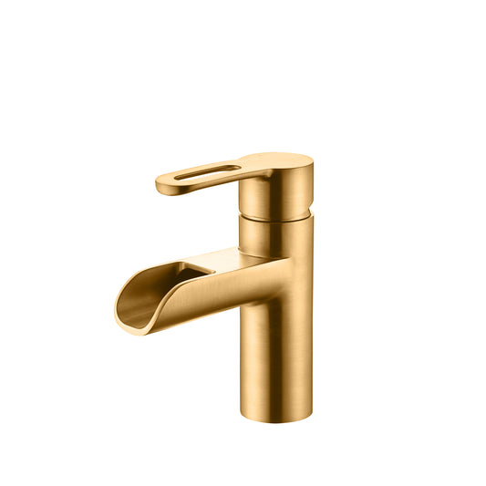 Waterfall Single Hole Single Handle Bathroom Vessel Sink Faucet with Drain in Brushed Gold