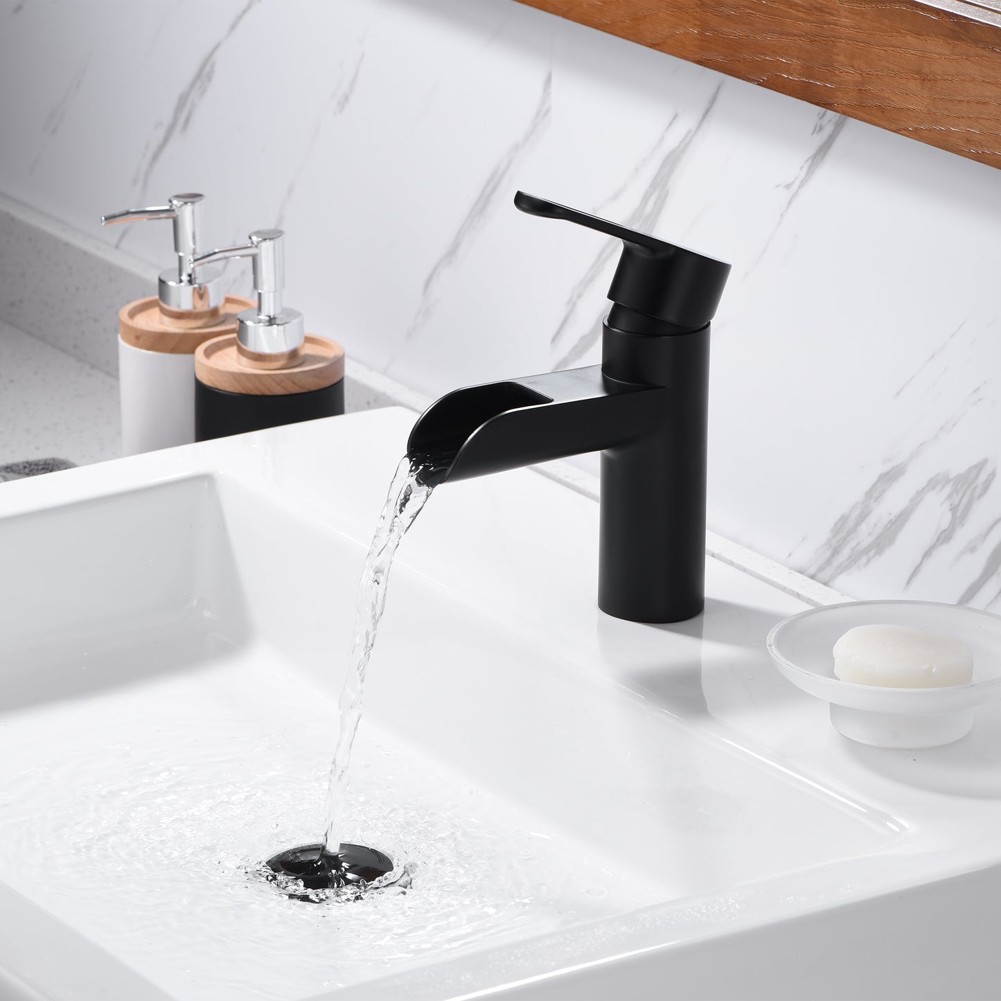 Waterfall Single Hole Single Handle Bathroom Vessel Sink Faucet with Drain in Matte Black