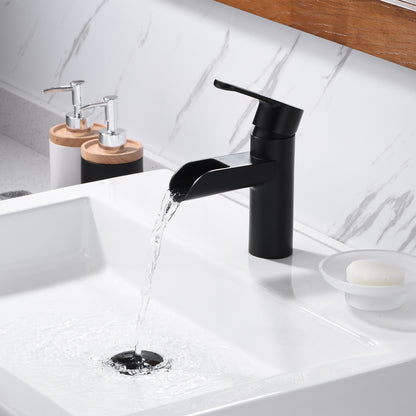 Waterfall Single Hole Single Handle Bathroom Vessel Sink Faucet with Drain in Matte Black