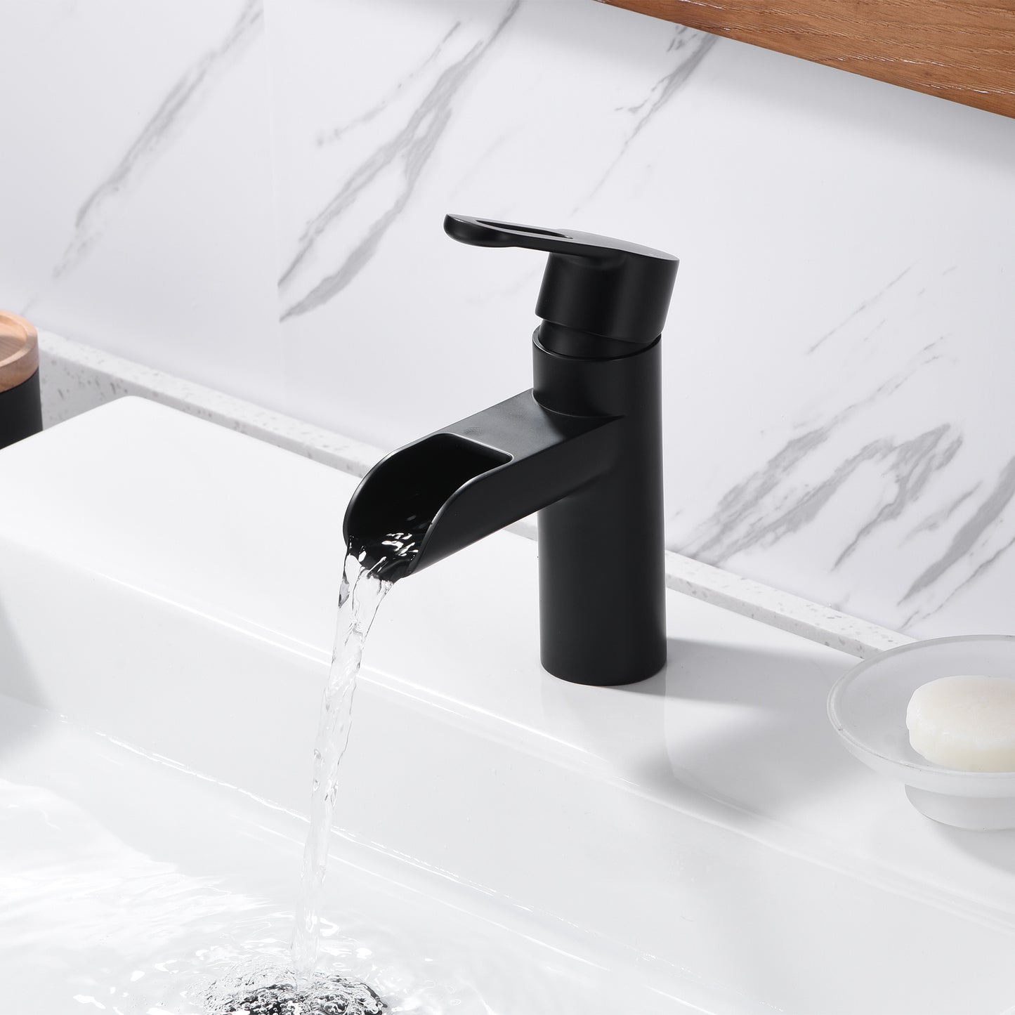 Waterfall Single Hole Single Handle Bathroom Vessel Sink Faucet with Drain in Matte Black