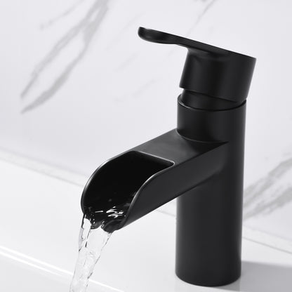 Waterfall Single Hole Single Handle Bathroom Vessel Sink Faucet with Drain in Matte Black