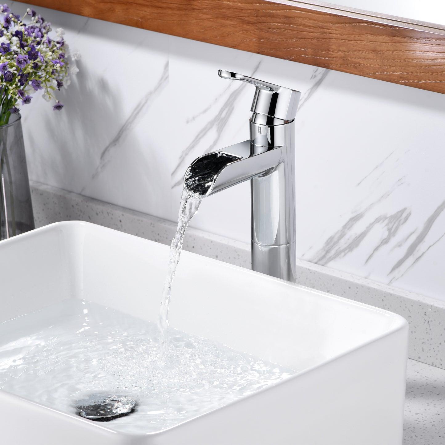 Waterfall Single Hole Single Handle Bathroom Vessel Sink Faucet with Drain in Chrome