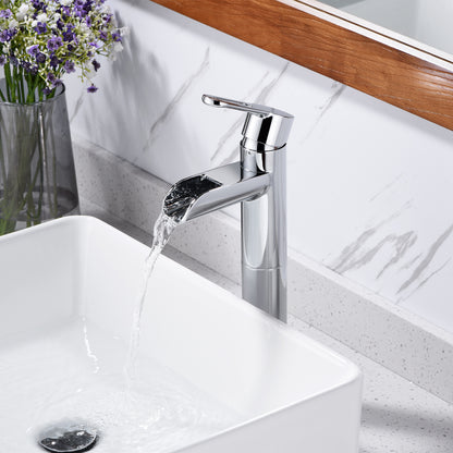 Waterfall Single Hole Single Handle Bathroom Vessel Sink Faucet with Drain in Chrome