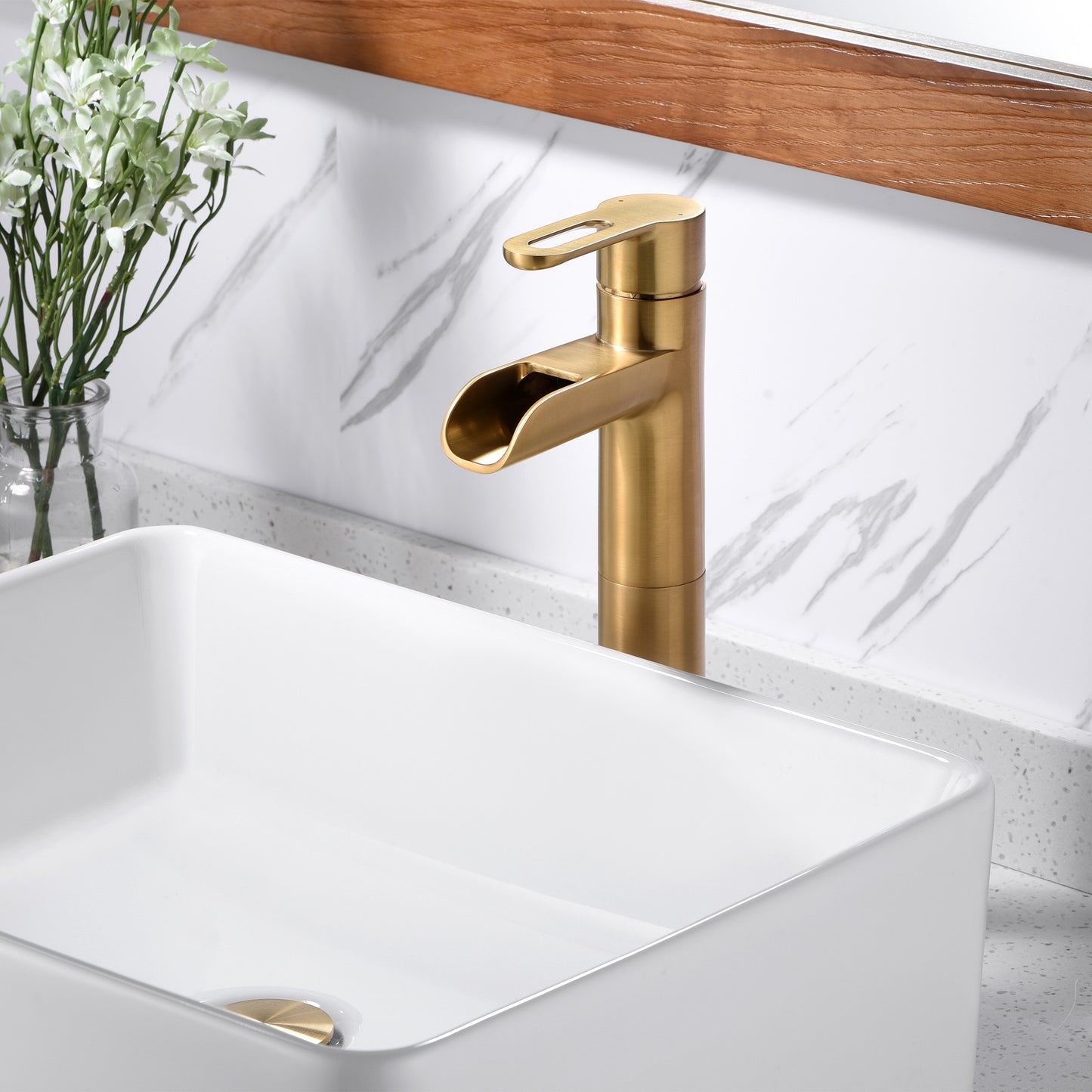 VividFall BSH16-TG Waterfall Single Hole Single Handle Bathroom Vessel Sink Faucet with Drain in Brushed Gold