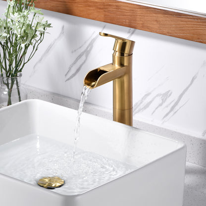 VividFall BSH16-TG Waterfall Single Hole Single Handle Bathroom Vessel Sink Faucet with Drain in Brushed Gold