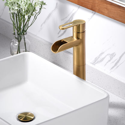 VividFall BSH16-TG Waterfall Single Hole Single Handle Bathroom Vessel Sink Faucet with Drain in Brushed Gold