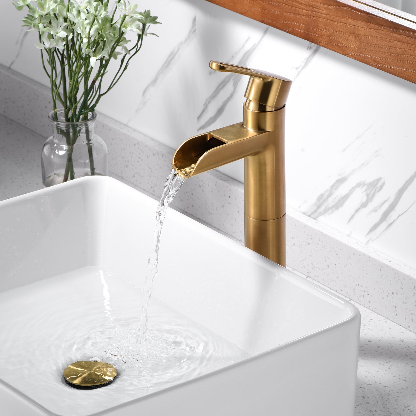 VividFall BSH16-TG Waterfall Single Hole Single Handle Bathroom Vessel Sink Faucet with Drain in Brushed Gold