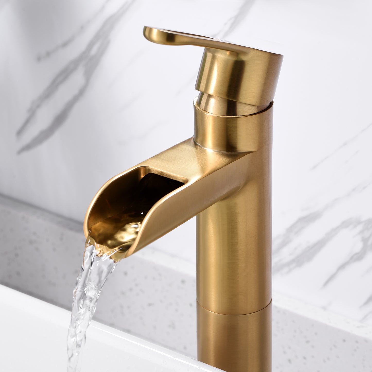 VividFall BSH16-TG Waterfall Single Hole Single Handle Bathroom Vessel Sink Faucet with Drain in Brushed Gold