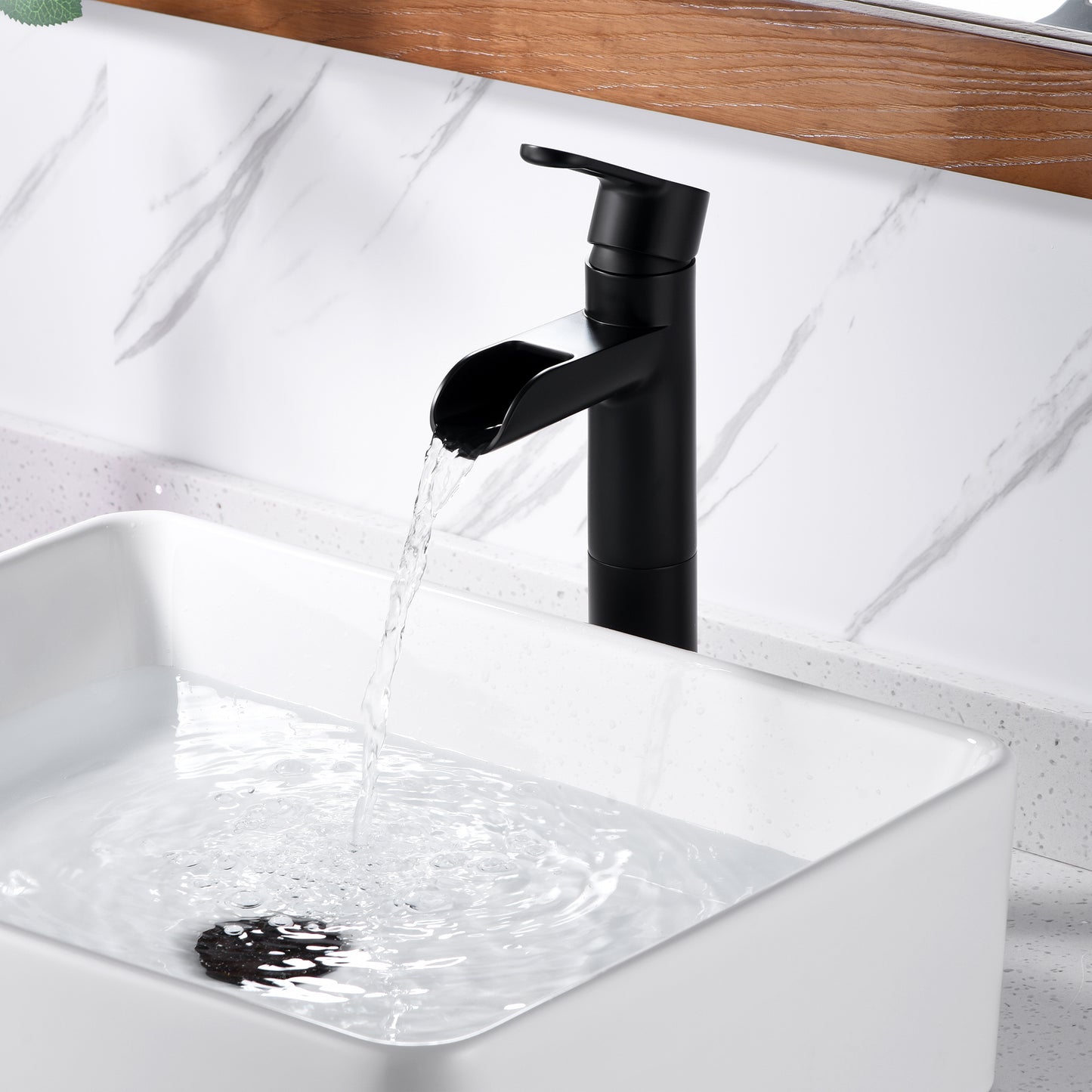 Waterfall Single Hole Single Handle Bathroom Vessel Sink Faucet with Drain in Matte Black