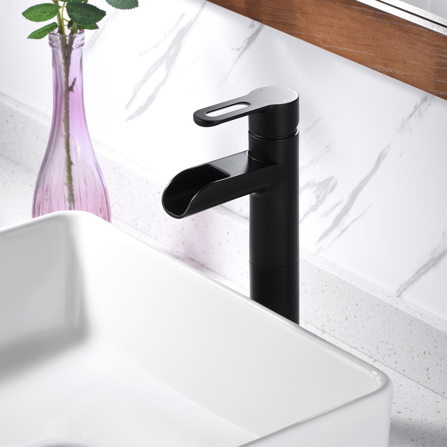 Waterfall Single Hole Single Handle Bathroom Vessel Sink Faucet with Drain in Matte Black