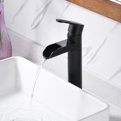 Waterfall Single Hole Single Handle Bathroom Vessel Sink Faucet with Drain in Matte Black