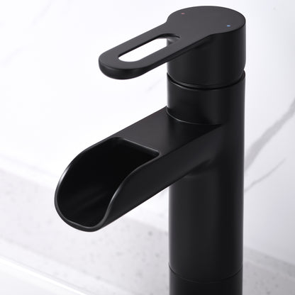 Waterfall Single Hole Single Handle Bathroom Vessel Sink Faucet with Drain in Matte Black