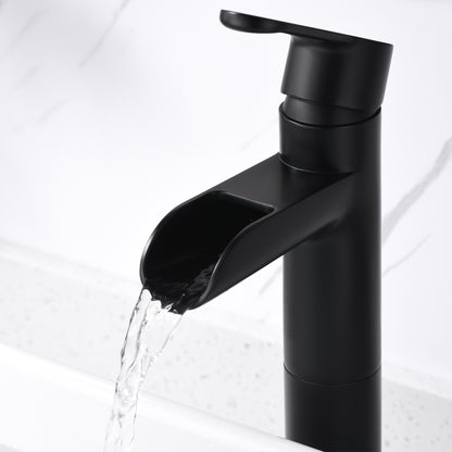 Waterfall Single Hole Single Handle Bathroom Vessel Sink Faucet with Drain in Matte Black