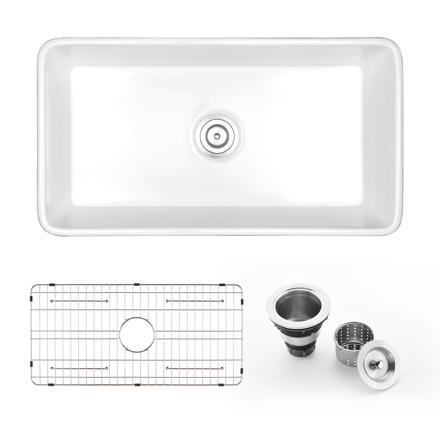 CK-001-36 36 in. Rectangular Farmhouse Apron Single Bowl White Ceramic Kitchen Sink with Grid and Strainer