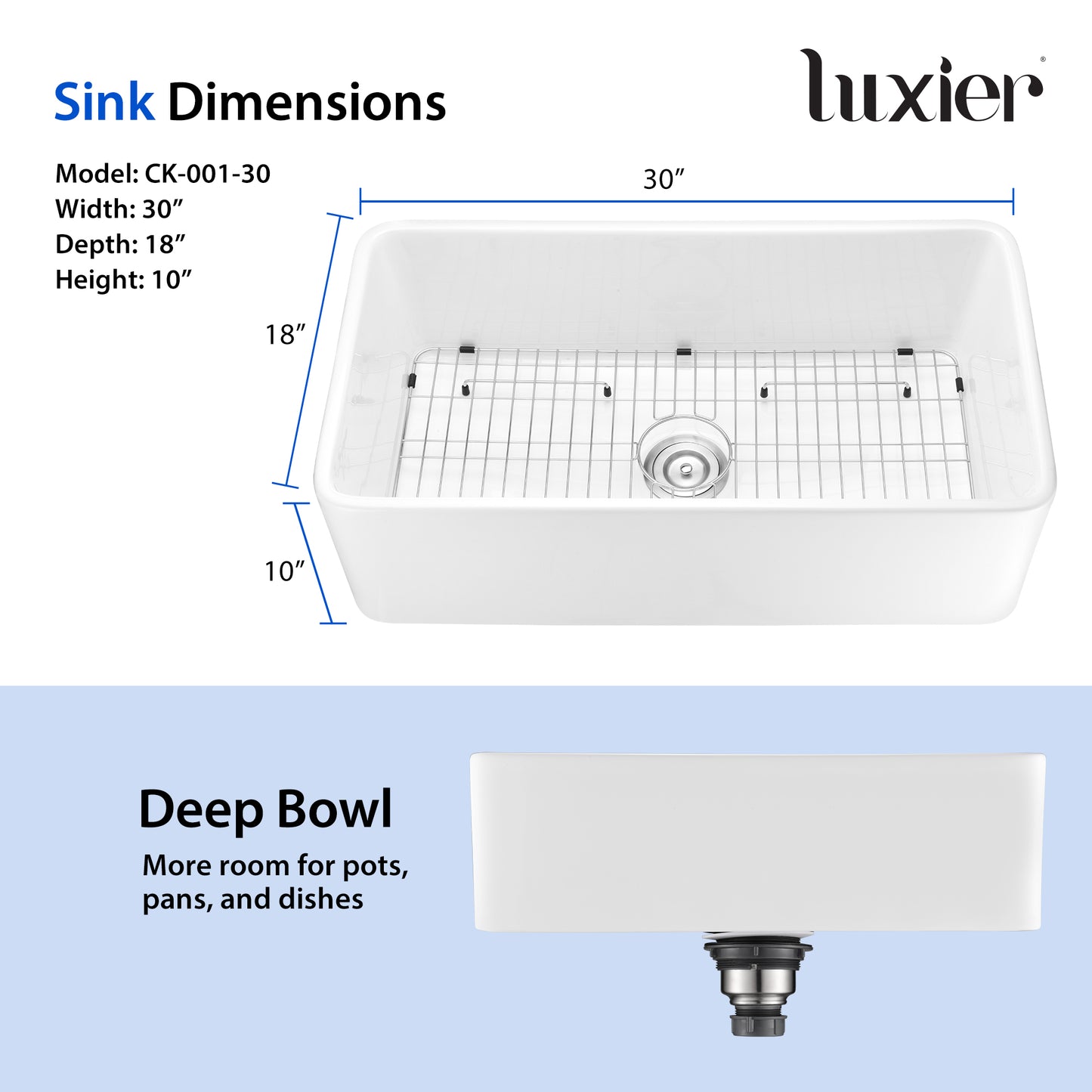 CK-001-30 30 in. Rectangular Farmhouse Apron Single Bowl White Ceramic Kitchen Sink with Grid and Strainer