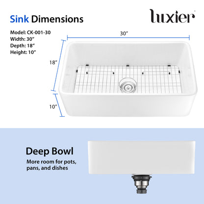 CK-001-30 30 in. Rectangular Farmhouse Apron Single Bowl White Ceramic Kitchen Sink with Grid and Strainer