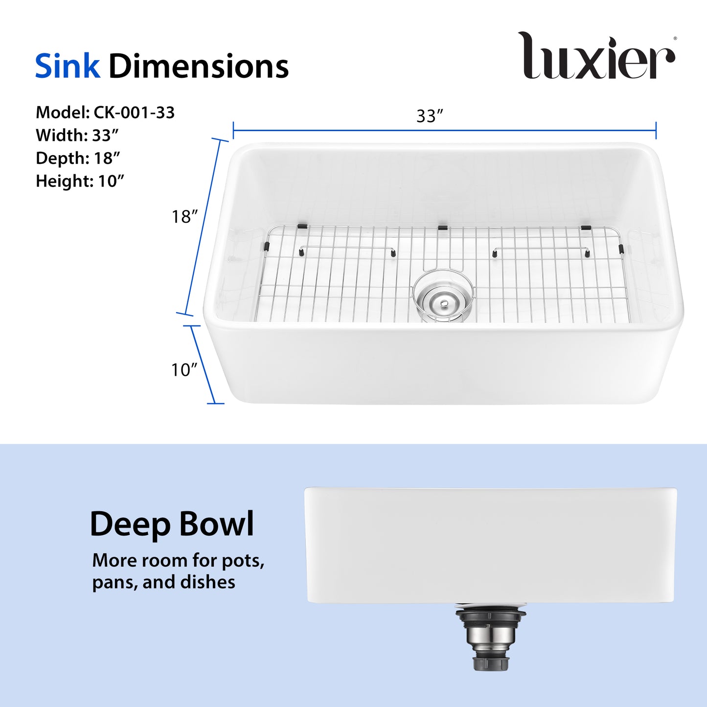 CK-001-33 33 in. Rectangular Farmhouse Apron Single Bowl White Ceramic Kitchen Sink with Grid and Strainer