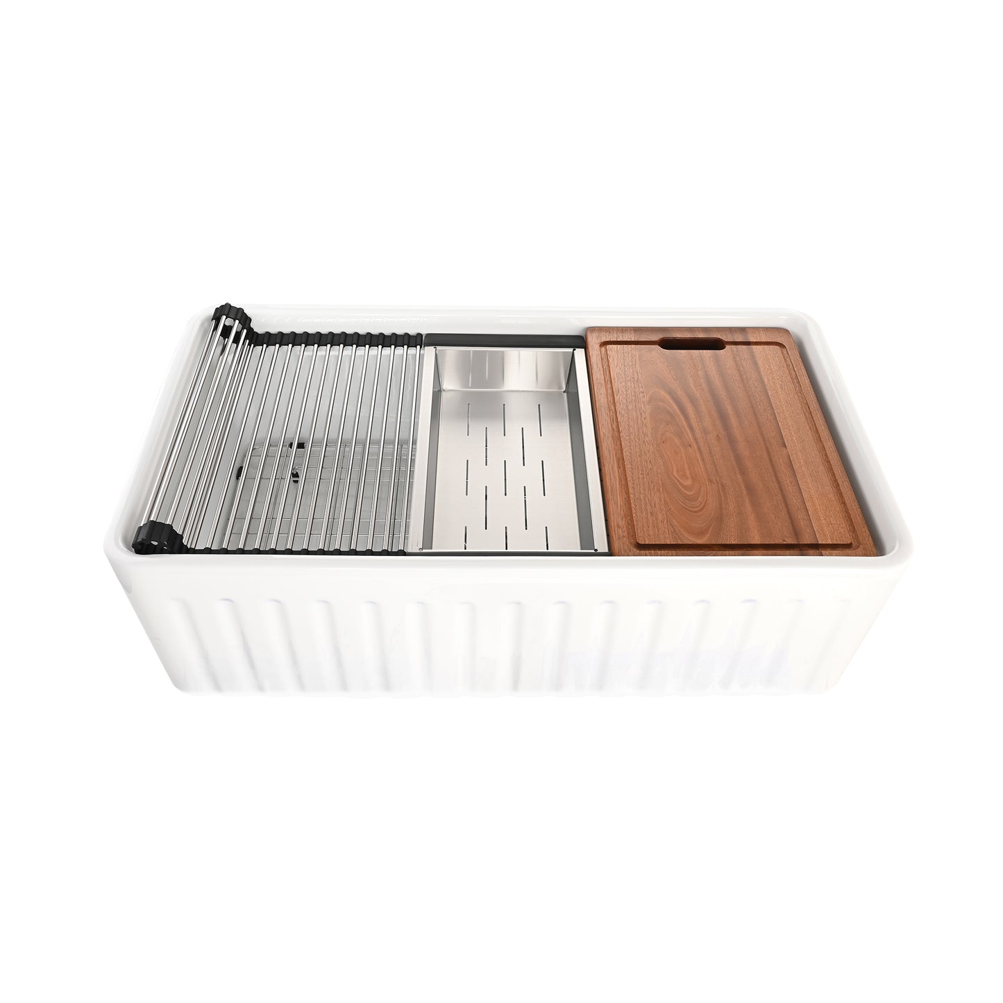 33 in. Farmhouse Apron Single Bowl Ceramic Kitchen Sink Workstation with Grid, Strainer, Colander, Rack, Cutting Board