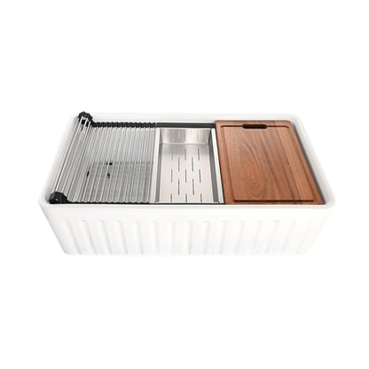 33 in. Farmhouse Apron Single Bowl Ceramic Kitchen Sink Workstation with Grid, Strainer, Colander, Rack, Cutting Board