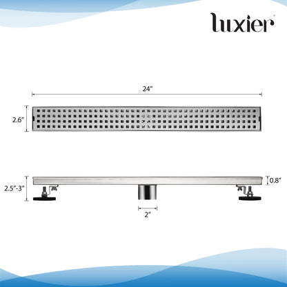 24 in. Stainless Steel Linear Shower Drain with Square Pattern Drain Cover in Stainless Steel