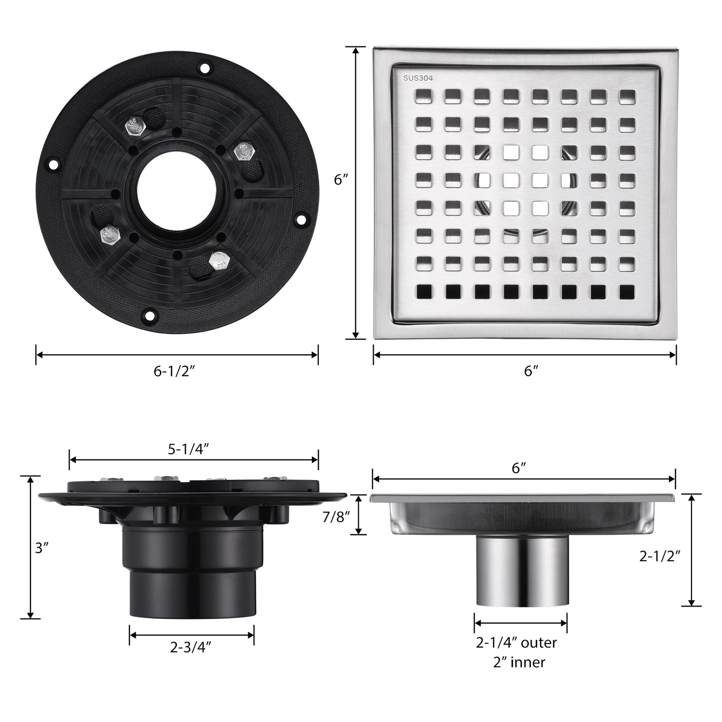 6 in. x 6 in. Stainless Steel Square Shower Drain in Stainless Steel